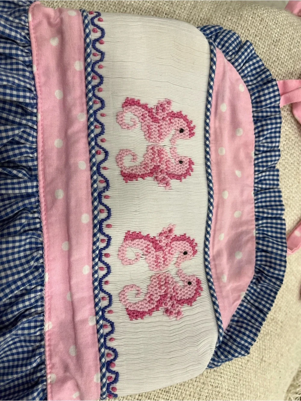 Girls Pink & Navy Ruffle Bib-Style Swim Set with Seahorse Embroidery